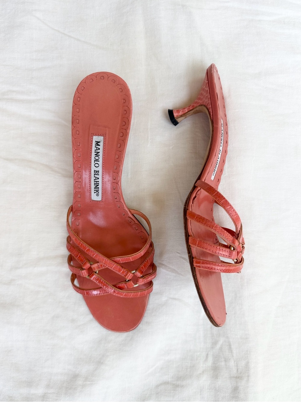 Manolo Blahnik Coral Strappy Kitten Heel Sandal Mules